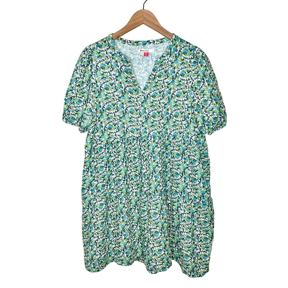 Marine Layer Tiered Cotton Babydoll Dress Size Large Ditsy Floral Green Blue
